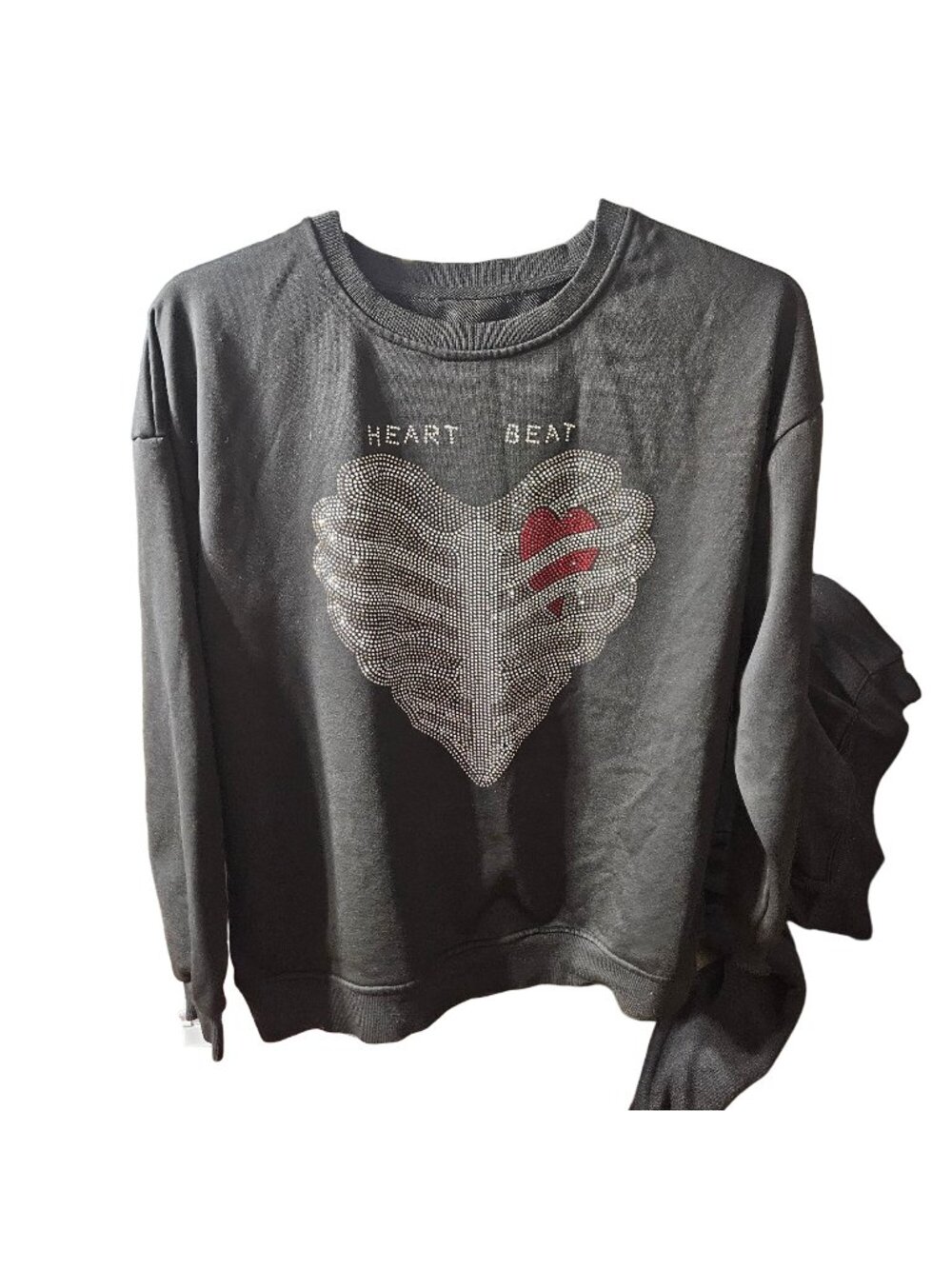 Rhinestone "Heart Beat" Design Black Sweatshirt Shein S
